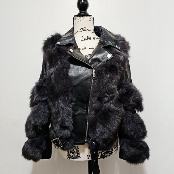 New Real Fox Fur Lamb Leather Jacket Blazer Dark Grey Charcoal Black No Mink - Picture 1 of 5